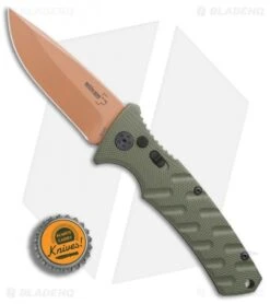 Boker Strike Desert Warrior Automatic Knife OD Green (3.25" D2 Copper) -Blade HQ Shop Boker Strike drop point Desert Warrior OD Green copper BHQ 70998 er bottlecap