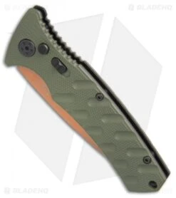 Boker Strike Desert Warrior Automatic Knife OD Green (3.25" D2 Copper) -Blade HQ Shop Boker Strike drop point Desert Warrior OD Green copper BHQ 70998 er spine